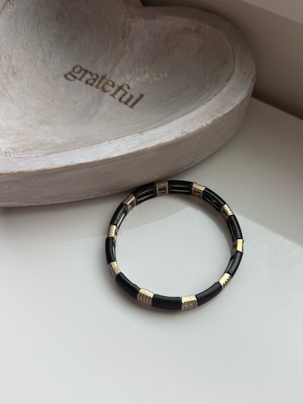 Black Cable Stretch Bracelet Gold Crystal Stations Textured Stack Bracelet